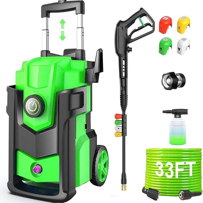 Electric Pressure Washer, 5000 PSI 4.0 GPM Heavy Duty Power Washer, with 4 Nozzles,Foam Cannon,33FT Hose Reel and 500ml Soap Bottle for Home/Cars(Green)