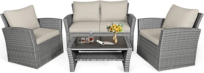 HAPPYGRILL 4 Pieces Conversation Set Outdoor Patio Rattan Furniture Set with Cushions and Coffee Table, Sectional Wicker Sofa Set for Garden Porch Balcony Poolside