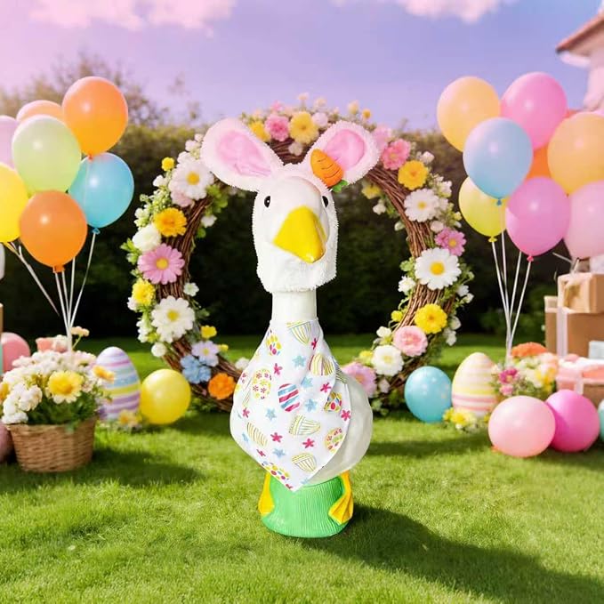 Easter Bunny Outfit for Porch Goose - Spring Costume with Adjustable Hat & Colorful Scarf, Cute Easter Basket Stuffers for 23" or 17" Lawn Statue Decor