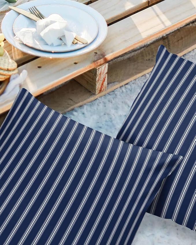 Outdoor Waterproof Throw Pillow Covers 24x24in, Nautical Stripes Cushions for Garden Patio Furniture Chairs Set of 2, Navy Blue Home Decor Couch Sofa Polyester Pillow Cases