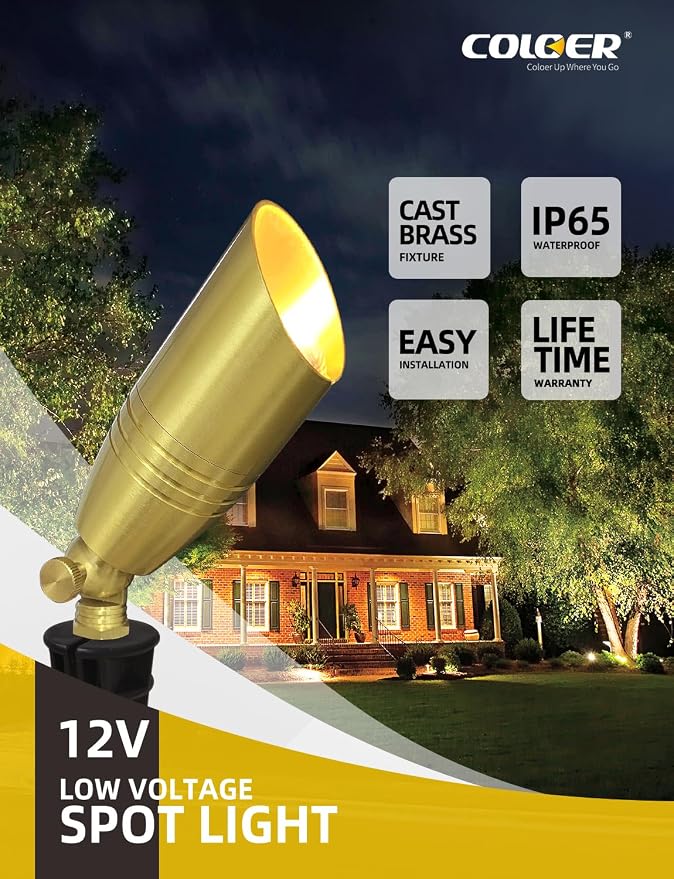COLOER Die-cast Brass Landscape Spotlight 1-Pack with 5W Aluminum Housing LED MR16 Bulb,12V AC/DC Low Voltage Copper Outdoor Lighting, Directional Garden Patio Spot Up Light (102B Copper Finish)