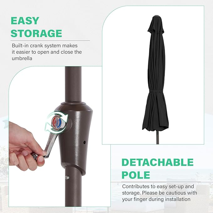 JEAREY 9 FT Patio Umbrella Outdoor, Table Umbrellas Market Umbrella w/Push Button Tilt/Crank, 8 Sturdy Ribs(black)