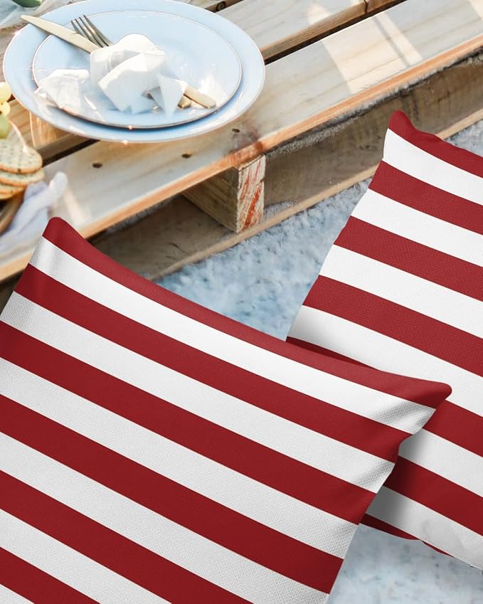 Outdoor Waterproof Pillow Covers for Patio Furniture Merry Christmas Decorative Throw Pillow Cover Red And White Stripes Pillowcases Set of 2 Cushion Case for Sofa Couch Chair Home Decor 16 x 16 In