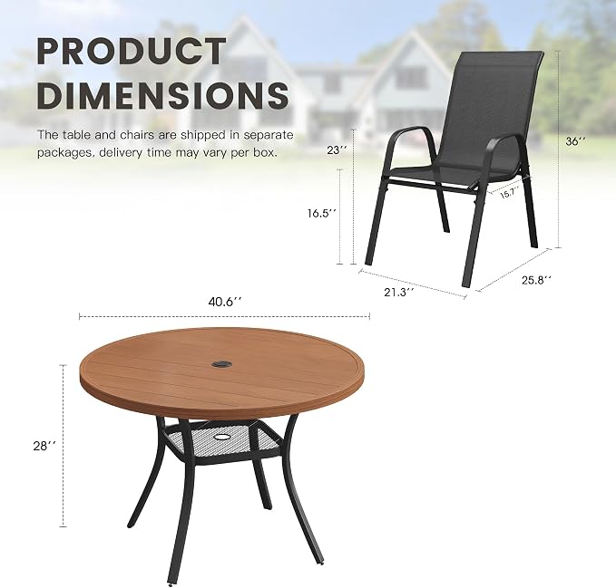 5 Pieces Outdoor Dining Set, 40.6" Round Table with Umbrella Hole & Stackable Patio Dining Chairs, Patio Table and Chairs Set for Deck Garden Porch, Black Chairs & Walnut Table