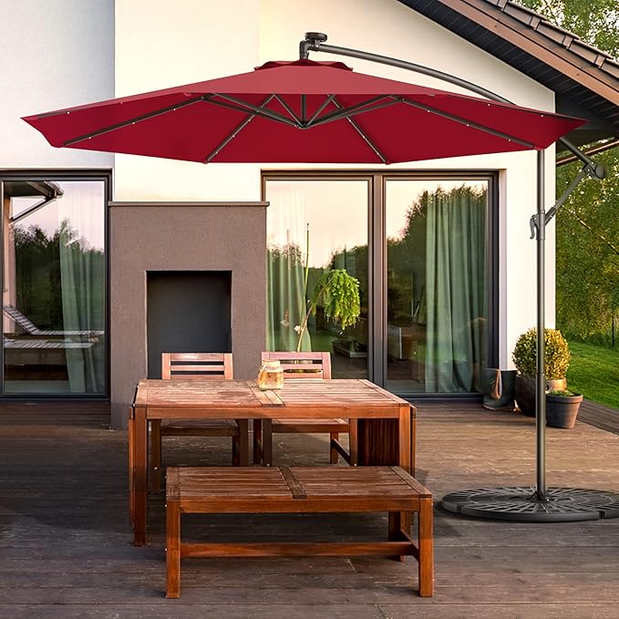 Tangkula 10FT Outdoor Patio Umbrella Solar LED Lighted Sun Shade Market Umbrella with Hanging Cover and Cross Base (Burgundy)