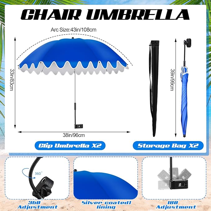 Abbylike 2 Pcs Scalloped Chair Umbrella with Universal Adjustable Clamp 38'' Portable Wheelchair Umbrella UPF 50+ Camping Chair Parasol with Bag for Outdoor Patio Lawn