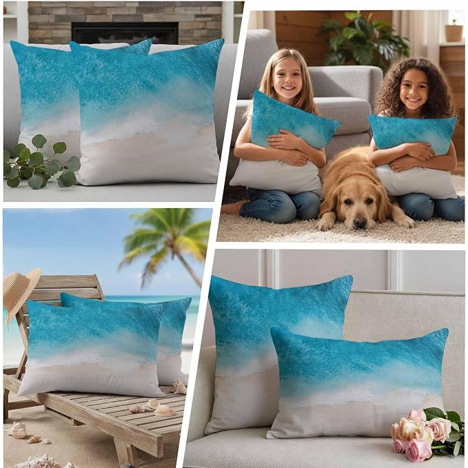 Pack of 2 Blue Beach Coastal Outdoor Pillow Covers Decorative, Ocean Seaside Waterproof Pillow Protector, Summer Nautical Throw Pillowcases Accent Cushion Cases for Patio Couch Sofa 26"x26"