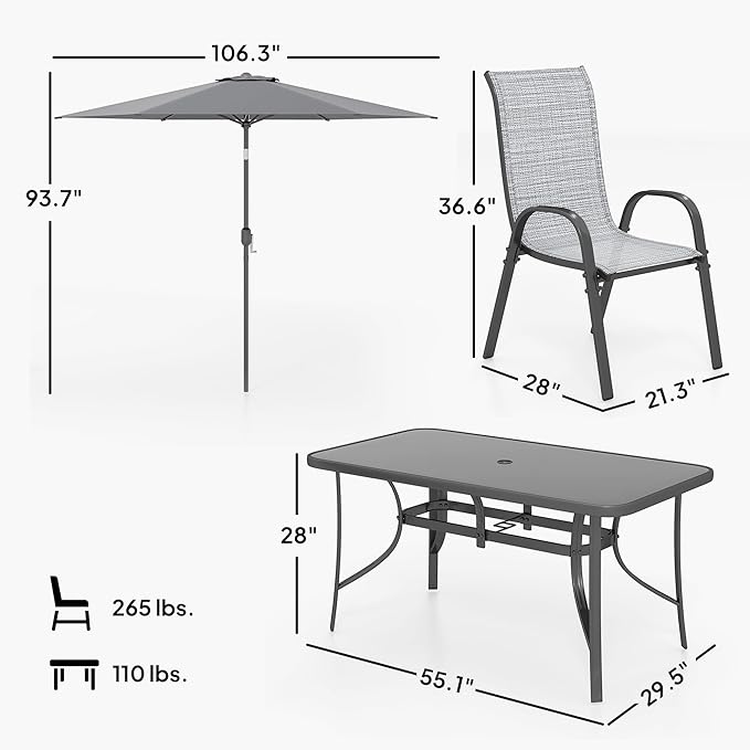 Outsunny 8 Pieces Patio Table and Chairs Set with 9 Ft Patio Umbrella, Outdoor Dining Set with 4.6 Ft Dining Table and 6 Chairs, Push Button Tilt and Crank Parasol, Tempered Glass Top, Mixed Gray
