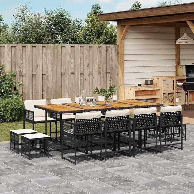 12-Seater Garden Dining Set Black PE Rattan Patio Furniture Set with Acacia Wood Tabletop Large Rectangular Outdoor Dining Table and Chairs for Backyard and Terrace
