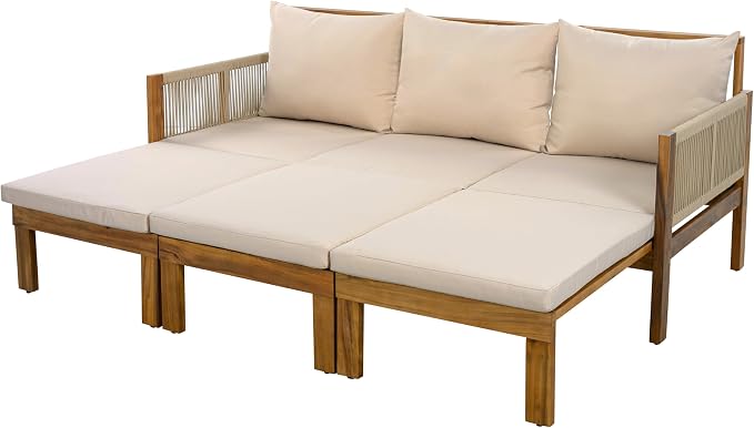 JIVOIT Outdoor Patio Daybed with Rope-Woven Armrests, Convertible Outdoor Sleeper Sofa with Acacia Wood Frame, 3 Seat Patio Sunbed for Backyard, Pool (Brown/85)