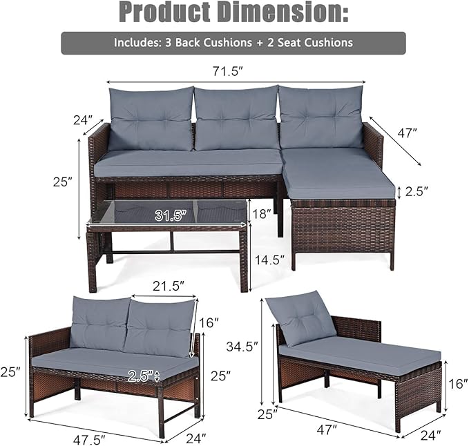 HAPPYGRILL 3 PCS Patio Conversation Set Sectional Rattan Wicker Sofa Set with Steel Frame & Seat Cushion, Outdoor Table & Sofa Furniture Set for Garden Lawn Pool Backyard