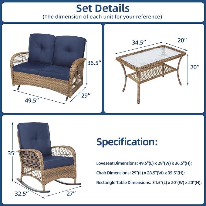 4-Piece Wicker Patio Furniture Sets Outdoor All-Weather Rattan Conversation Set Includes Glider Loveseat, Glass-Top Coffee Table, 2 Rocking Chairs with Thickened Cushions, Navy Blue