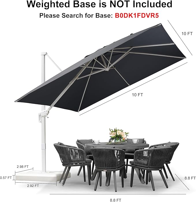 PURPLE LEAF 10 FT Patio Umbrella White Cantilever Umbrella Square Aluminum Offset Outdoor Umbrella Hanging Windproof with 360° Rotation for Garden Deck Pool, Grey