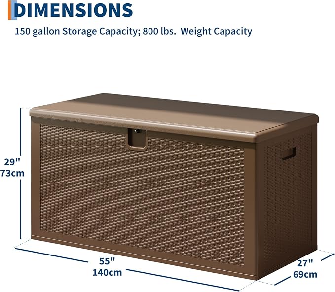 150 Gallon Resin Deck Box, Heavy Duty Outdoor Storage Box with Lockable Lid, Waterproof Weatherproof Container for Patio Cushions, Garden Tools, Backyard & Porch – Brown