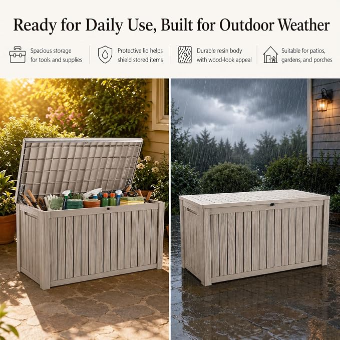 Outdoor Deck Patio Storage Box - 200 Gallon Large Outdoor Deck Box, Plastic Storage Bin with Lid, Outside Toy Box & Pool Storage Container for Cushions, Garden Tools, Towel, Brown