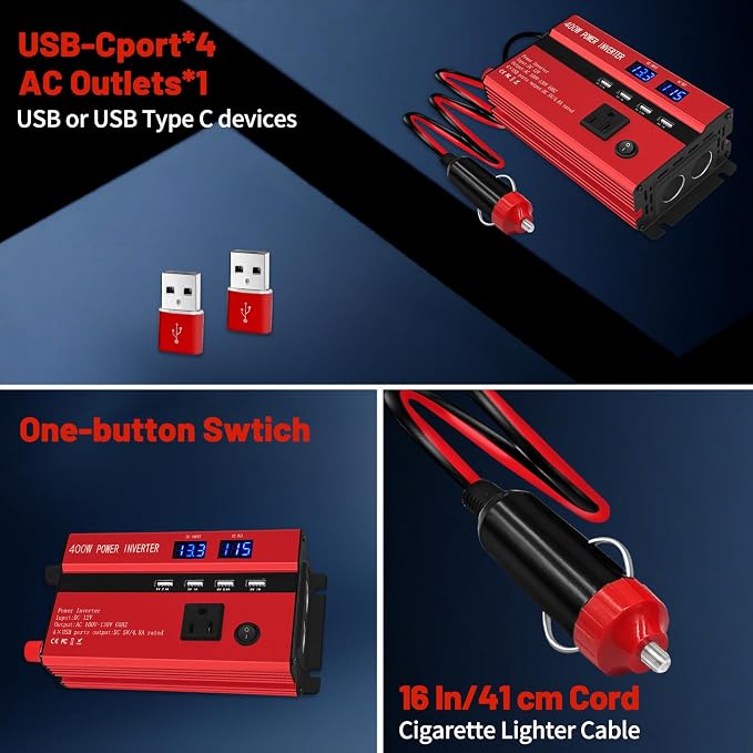 400W Power Inverters for Vehicles, Car Power Inverters DC 12V to 110V AC Car Plug Adapter Outlet with 2 Type-C (Equip with 2 USB), Fast Charger for Phone, Laptop (Red, 400W)