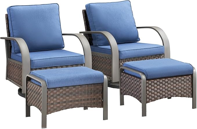HUMMUH Swivel Rocker Outdoor Chair-High Back Patio Chairs with Ottoman Outdoor Conversation Furniture Sets for Deck Porch Garden Poolside Backyard-Brown/Blue