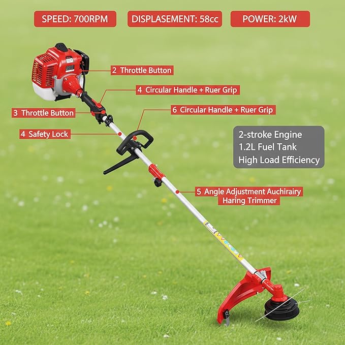 Gas String Trimmer Weed Wacker 49CC/58CC Gas Weed Eater with Adjustable Handle and Shoulder Strap for Lawn and Garden Care (58CC)