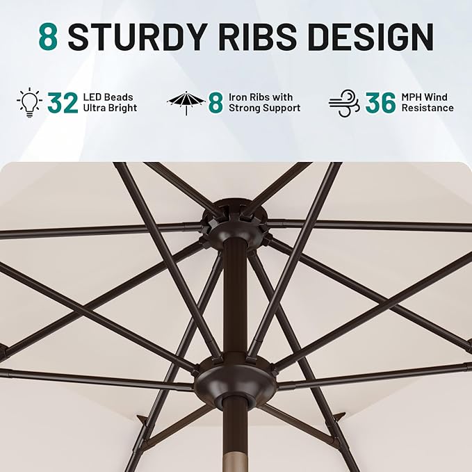 AreShark 9ft 2 Tiers Patio Umbrella with Solar Lights, Outdoor Umbrella w/ 32 LED Lights&8 Sturdy Ribs, Table Umbrella for Deck, Backyard, Pool(Ivory)
