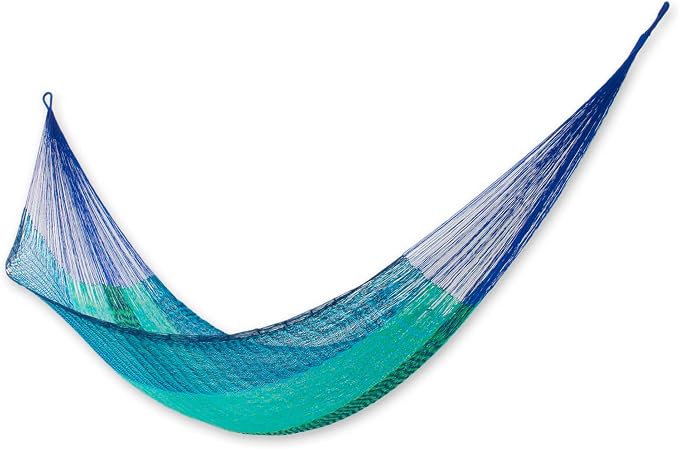 NOVICA Green and Blue Striped Cotton Hand Woven Mayan Rope 2 Person XL Hammock with Hanging Accessories, 'Cool Maya' (Double)