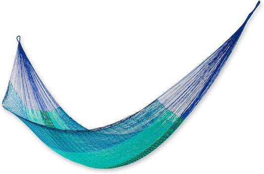 NOVICA Green and Blue Striped Cotton Hand Woven Mayan Rope 2 Person XL Hammock with Hanging Accessories, 'Cool Maya' (Double)
