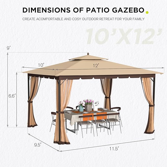 Bezseller 10x12 Outdoor Patio Gazebo with Powder-Coated Metal Frame, Stable Double-Tier Canopy with Zip Mesh Sidewalls for Backyard Dining & Entertaining, Khaki