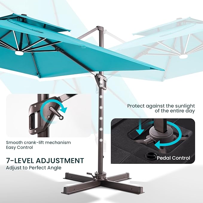 10x10 FT Cantilever Patio Umbrella with Led Lights Double Top Outdoor Square Large Heavy Duty Aluminum Offset Umbrellas with 7 Level Tilt 360-degree Rotation for Pool Garden Deck, Turquoise