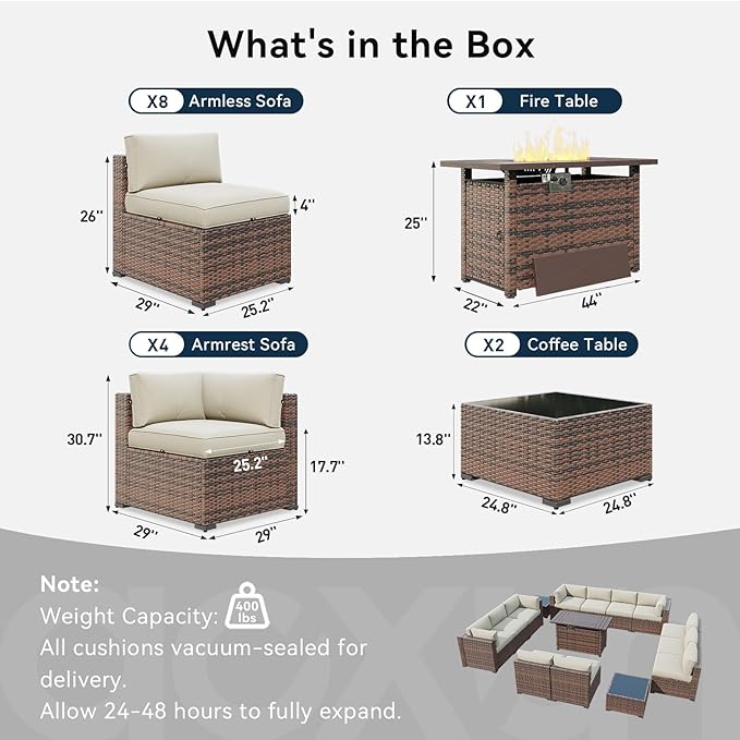 LazySunsets 15 Piece Outdoor Patio Furniture Set with 44'' Fire Pit Table, Outdoor Patio Furniture Set with Waterproof Cover, Wicker Rattan Outdoor Conversation Set for Backyard & Garden, Beige
