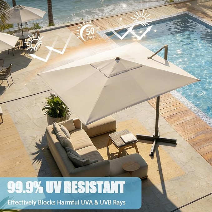 GarveeLife Large Cantilever Patio Umbrella, 10 ft X 10 ft Heavy Duty Aluminum Cantilever Offset Outdoor Umbrella with 360-Degree Rotation for Backyard, Deck, Pool (Beige)