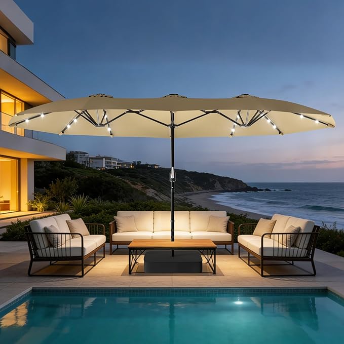 Suteck 15x9ft Patio Umbrella with Base & Solar Lights Included - Double-Sided Outdoor Large Umbrella with & Crank Handle, UV & Fade Resistant Canopy for Poolside, Backyard, Beige