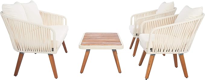 SAFAVIEH Outdoor Collection Ransin Beige/Beige/Natural Solid Wood 4-Piece Conversation Patio Set
