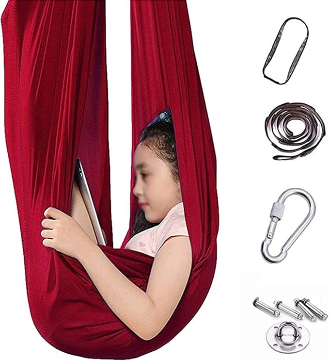 Soft Swing Load Up to 200kg Autism ADHD Aspergers Sensory Cuddle Hammock Children Kids Toy Swing Home Outdoor (Color : Red, Size : 100 x 280 cm (L x W))