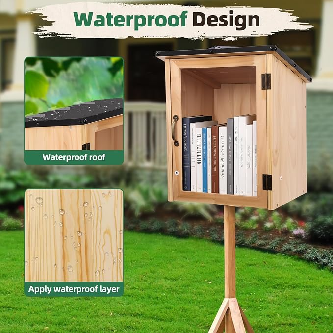 Little Free Library Box Outdoor – Waterproof Outdoor Library Book Box, Little Wooden Cabinet for Sharing Books, Art, Newspapers – DIY Paintable, Clear Window, Magnetic Lock