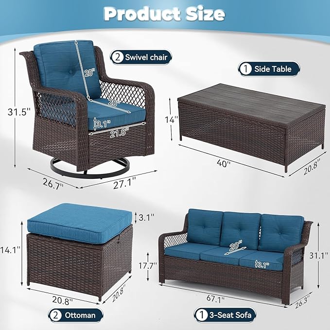 6 Pieces Wicker Patio Furniture Set Conversations Sets, 2 Outdoor 360° Swivel Chairs, Patio Swivel Chair with Table and Ottoman for Garden, Poolside, Backyard (Peacock Blue)