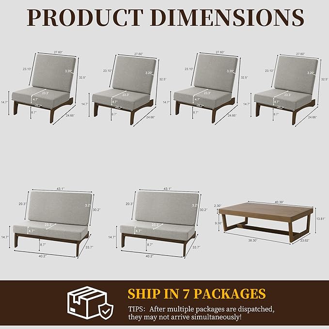 UIXE 7 Pieces Wood Patio Furniture Sets, 2 Patio Loveseat, 4 Patio Bistro Chair, All Weather Outdoor Sectional Sofa Furniture Backyard Conversation Set with Coffee Table - Light Camel