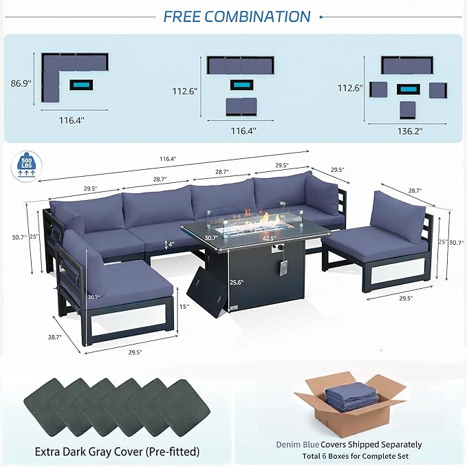 NICESOUL 6 Seat Modern Aluminum Patio Furniture Set with Fire Pit Table, 500lbs Heavy Duty Outdoor Sectional Sofa, 29" Deep Wide Oversized Seating L Shaped Conversation Couch for Garden, Denim Blue