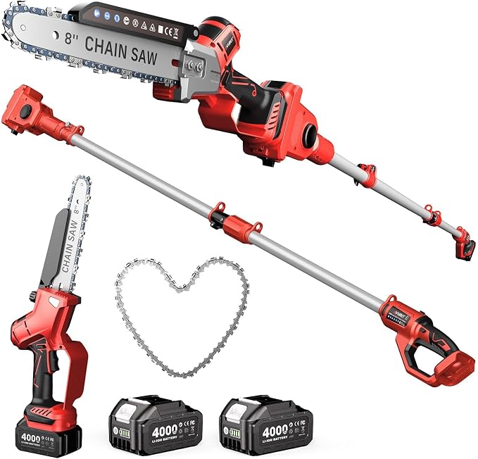 2-in-1 Cordless Pole Saw & Mini Chainsaw, 8-inch Brushless Chainsaw with 2*4000mAh Batteries and a Telescopic Pole Extendable to 15ft, Power Electric Polesaw for Tree Cutting & Branch Trimming