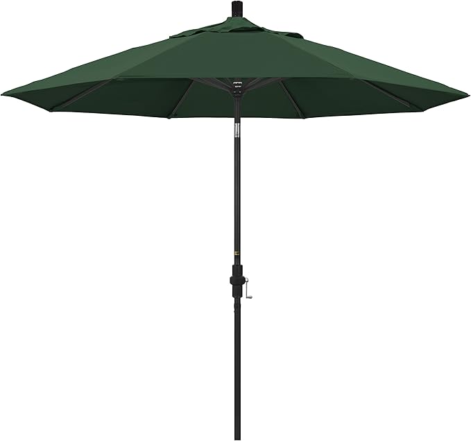 California Umbrella 9' Round Aluminum Market Umbrella, Crank Lift, Collar Tilt, Black Pole, Hunter Green Olefin