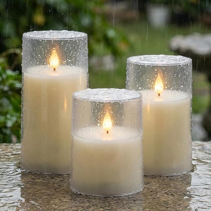 Homemory 3"×4" 5" 6" Battery Candles with Remote & Timer, Ivory Acrylic Realistic Flickering LED Pillar Candles, Waterproof Fake Candle for Home and Lantern Decor, Set of 3