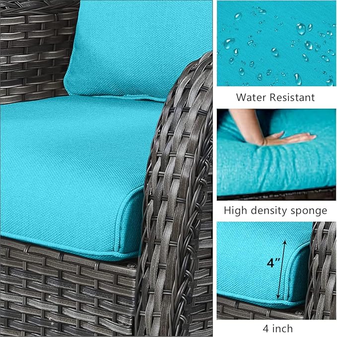 HUMMUH 3-Piece Swivel Rocking Rattan Chair Outdoor, Patio Bistro Furniture Conversation Set, Cushioned Wicker Chair with Glass Coffee Table(Grey,Blue)