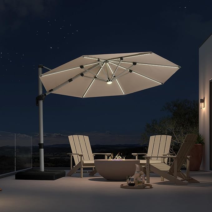 PURPLE LEAF 10ft Patio Umbrella with Lights Outdoor Round Cantilever Solar Powered LED Umbrella with 360-degree Rotation for Garden Deck Pool Patio, Beige