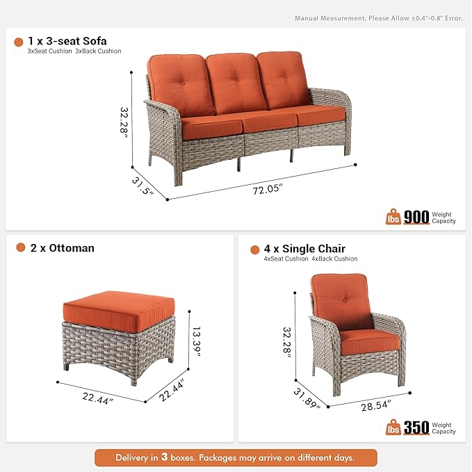 7-Piece Outdoor Patio Furniture Set with Ottomans 3 Seater Couch,All Weather Wicker Rattan Patio Seating Sofa and Chair Set with Ottomans,Outdoor Conversation Sets for Porch Deck Yard,Red