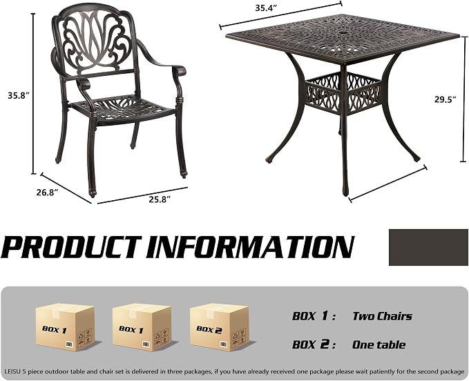TITIMO 5-Piece Outdoor Patio Dining Set,All-Weather Cast Aluminum Furniture Conversation Set Includes 4 Chairs and 1 Square Table with Umbrella Hole for Patio Garden Deck, Blooming Flower Design