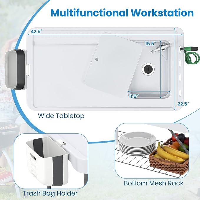 Folding Fish Cleaning Table, Fishing Fillet Station w/360° Rotatable Faucet & Sink & Spray Nozzle & Drain Pipe, Outdoor Sink Table, Portable Fish Filleting Table for Camping, Picnic