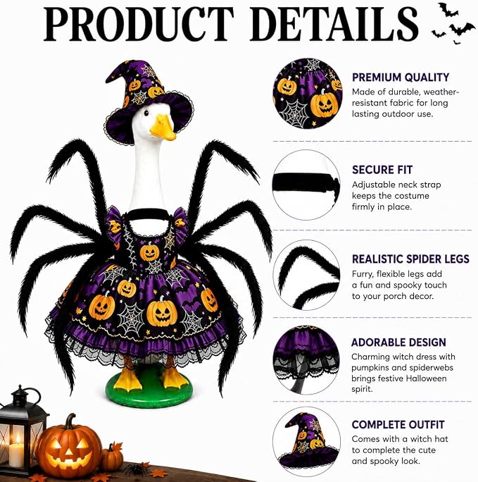 Halloween Porch Goose Outfits for 23'' Lawn Geese Statue, Pumpkin Porch Goose Outfit Costume with Dress Witch Hat Spider Wing, Outdoor Garden Goose Decor for Patio Yard Lawn Halloween Ornament