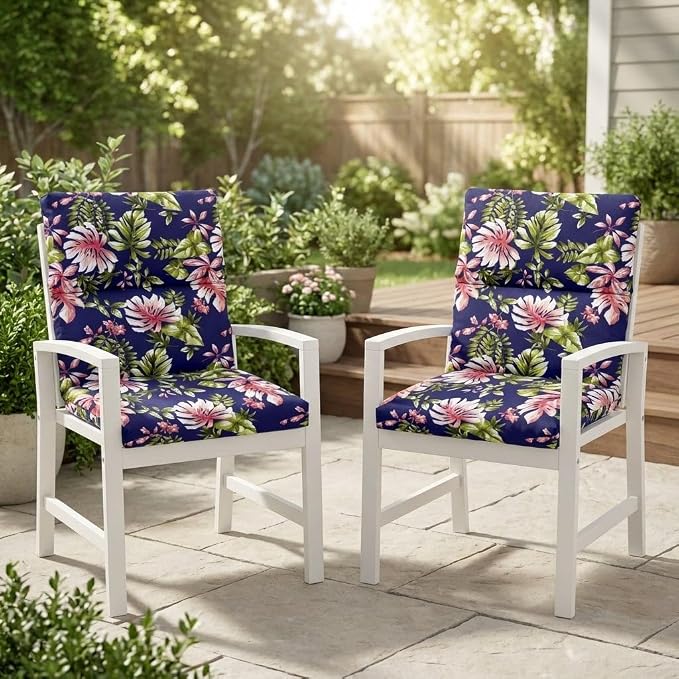 BrylaneHome Bh Performance Universal Chair Cushion - Navy Tropical Leaves