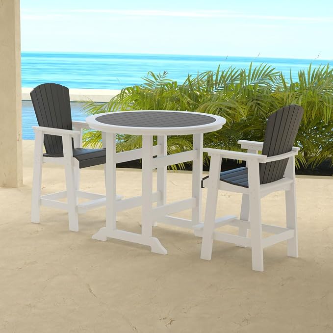 Outdoor Bar Table, Counter Height Round High Top Pub Table with 1.96" Umbrella Hole for Backyard Deck Balcony Front Porch White & Grey