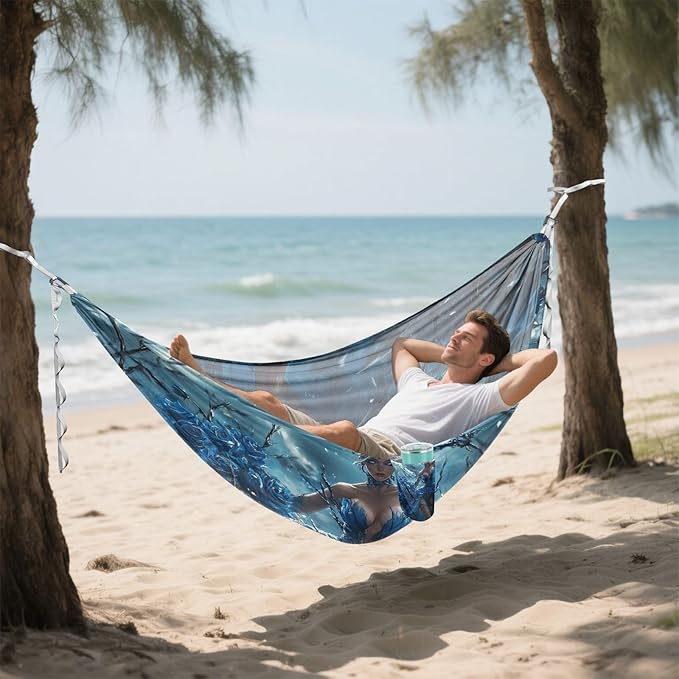Anime Beauty Blue Rose Dark Gothic Outdoor Hammock Foldable Indoor Hammock for Outside Beach Patio Garden