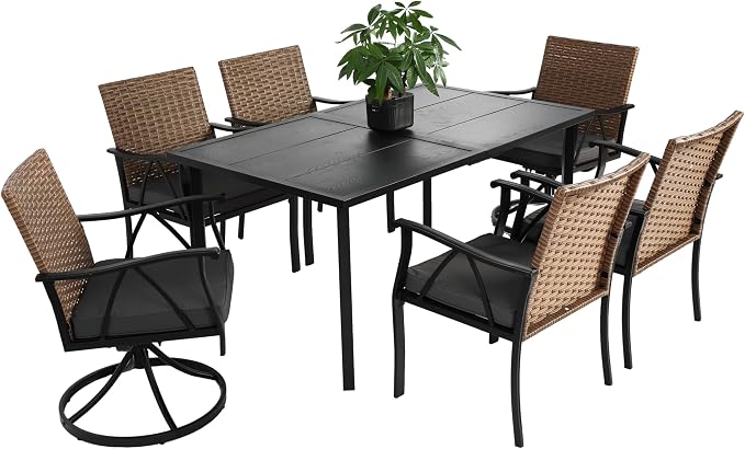 GDFStudio 7 Piece Patio Dining Set,Outdoor Wicker Furniture Set for Backyard Garden Deck Poolside with 2 Cushions Swivel Rocker Chairs,4 Cushions Chairs,Table Top, Removable Cushions