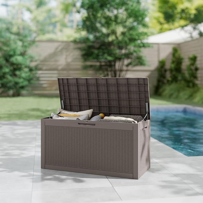 Outdoor Storage Box, 110 Gallon Waterproof Deck Box [Upgraded 3.0], Auto-Open Gas Struts Resin Organizer for Lounger Pillows, Secure Lockable Backyard Storage Bench, Poolside Deck, Grey